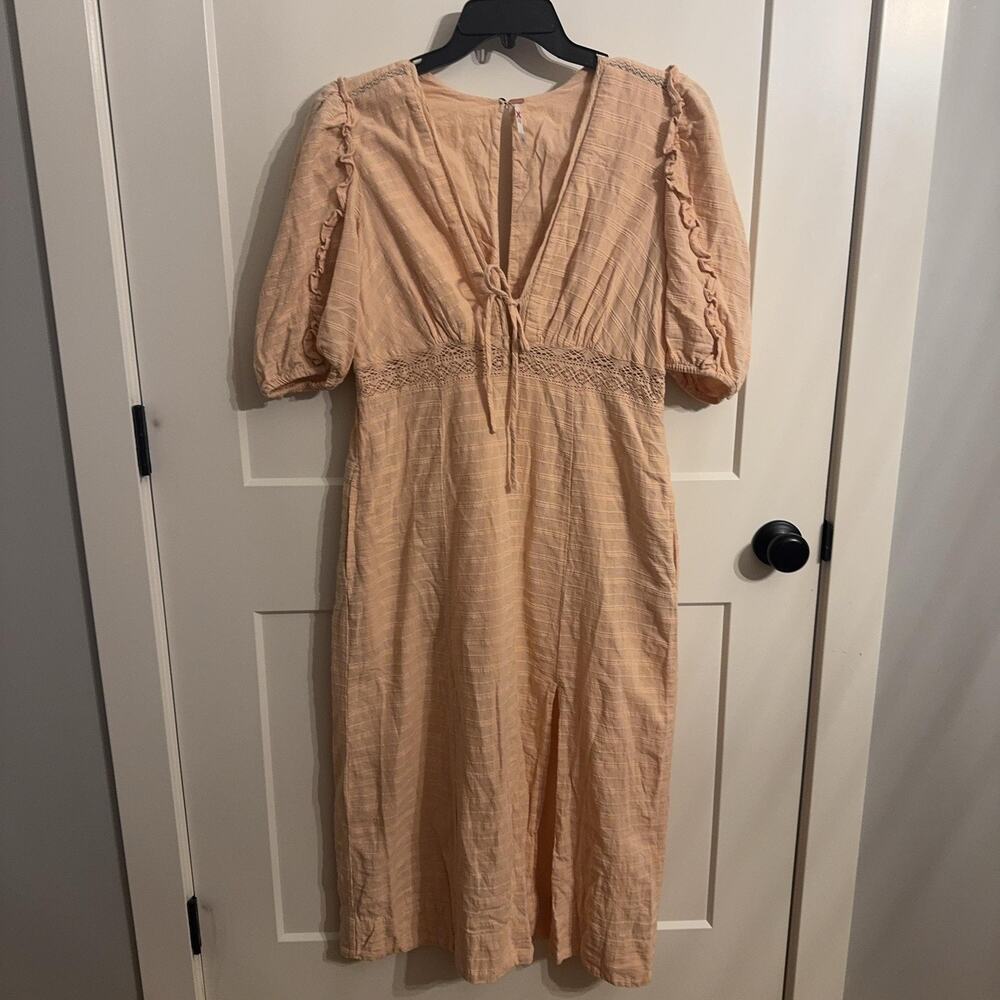 Free People Dress Womens 10 Beige Cotton Puff Sleeve Maxi Crochet Boho Pockets